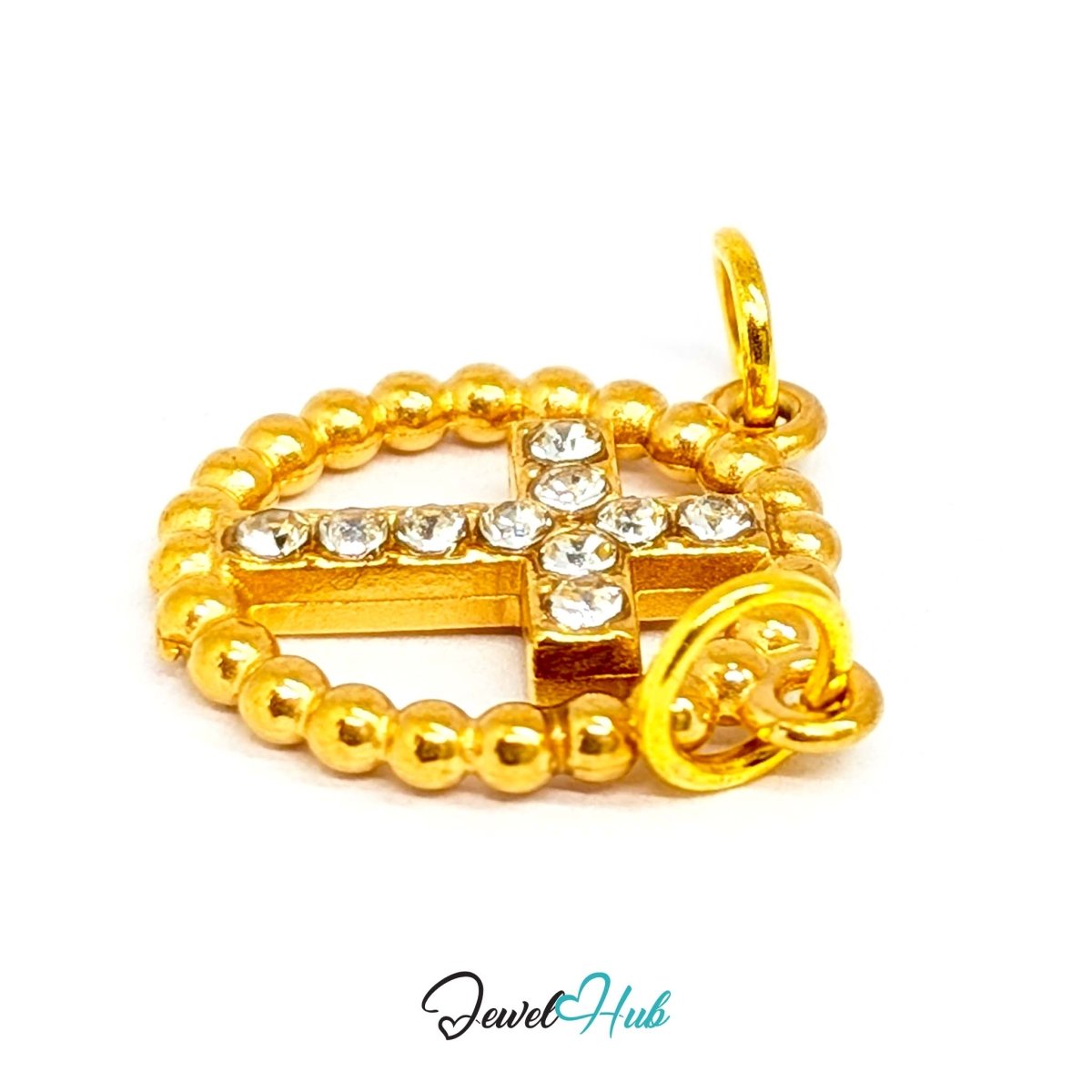 Cross charm in gold stainless steel with ten crystals in a beaded ring - angled view - JewelHub