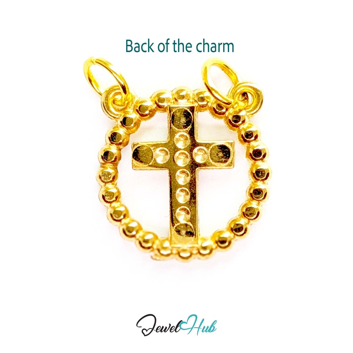 Cross charm in gold stainless steel with ten crystals in a beaded ring - reverse - JewelHub