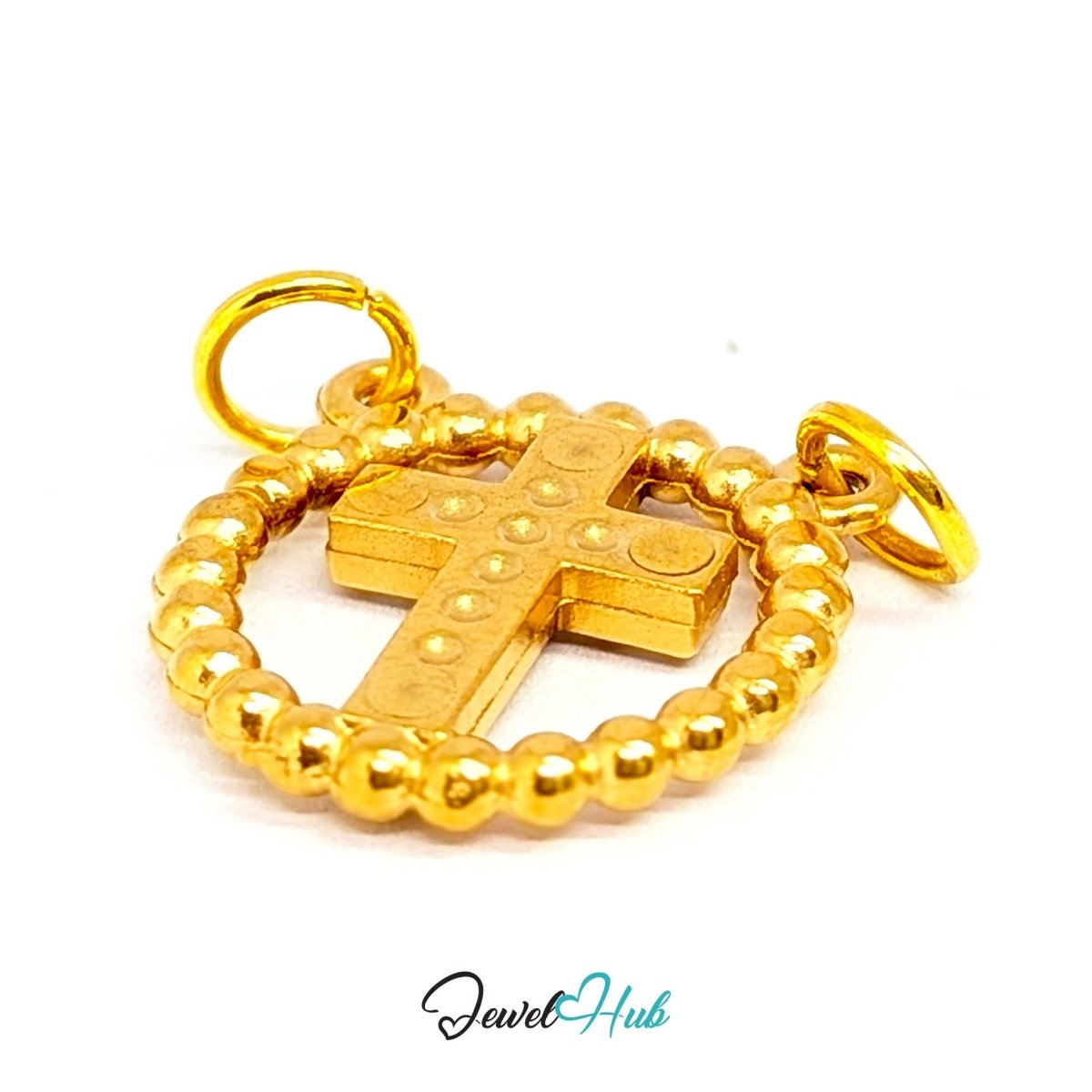 Cross charm in gold stainless steel with ten crystals in a beaded ring - turned to show depth - JewelHub