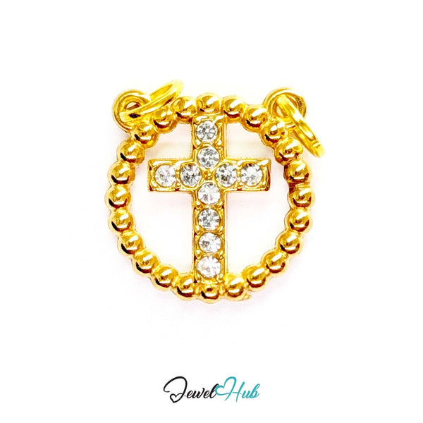 Cross charm in gold stainless steel with ten crystals in a beaded ring - front view - JewelHub