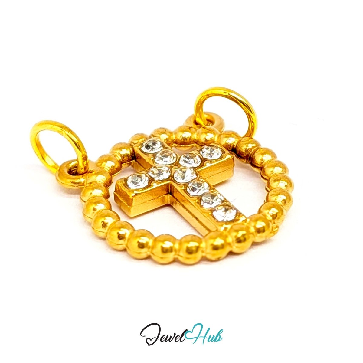Cross charm in gold stainless steel with ten crystals in a beaded ring - three-quarter view - JewelHub