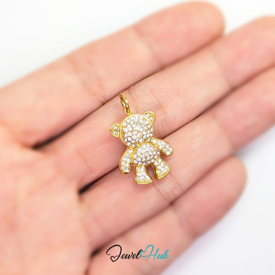 Crystal Cuddle Bear charm in gold-tone stainless steel, fully 3D and set with around 100 crystals - JewelHub