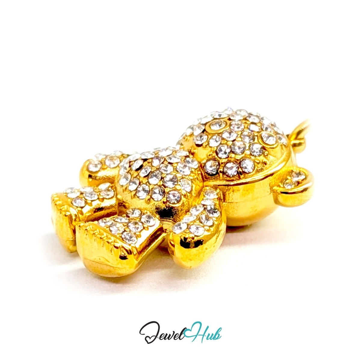Gold Crystal Cuddle Bear charm from the side, showing its full 14mm depth - JewelHub