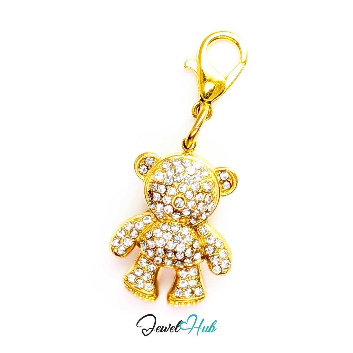 Gold Crystal Cuddle Bear charm fitted with a lobster clasp, ready to clip onto a bracelet, bag or keyring - JewelHub