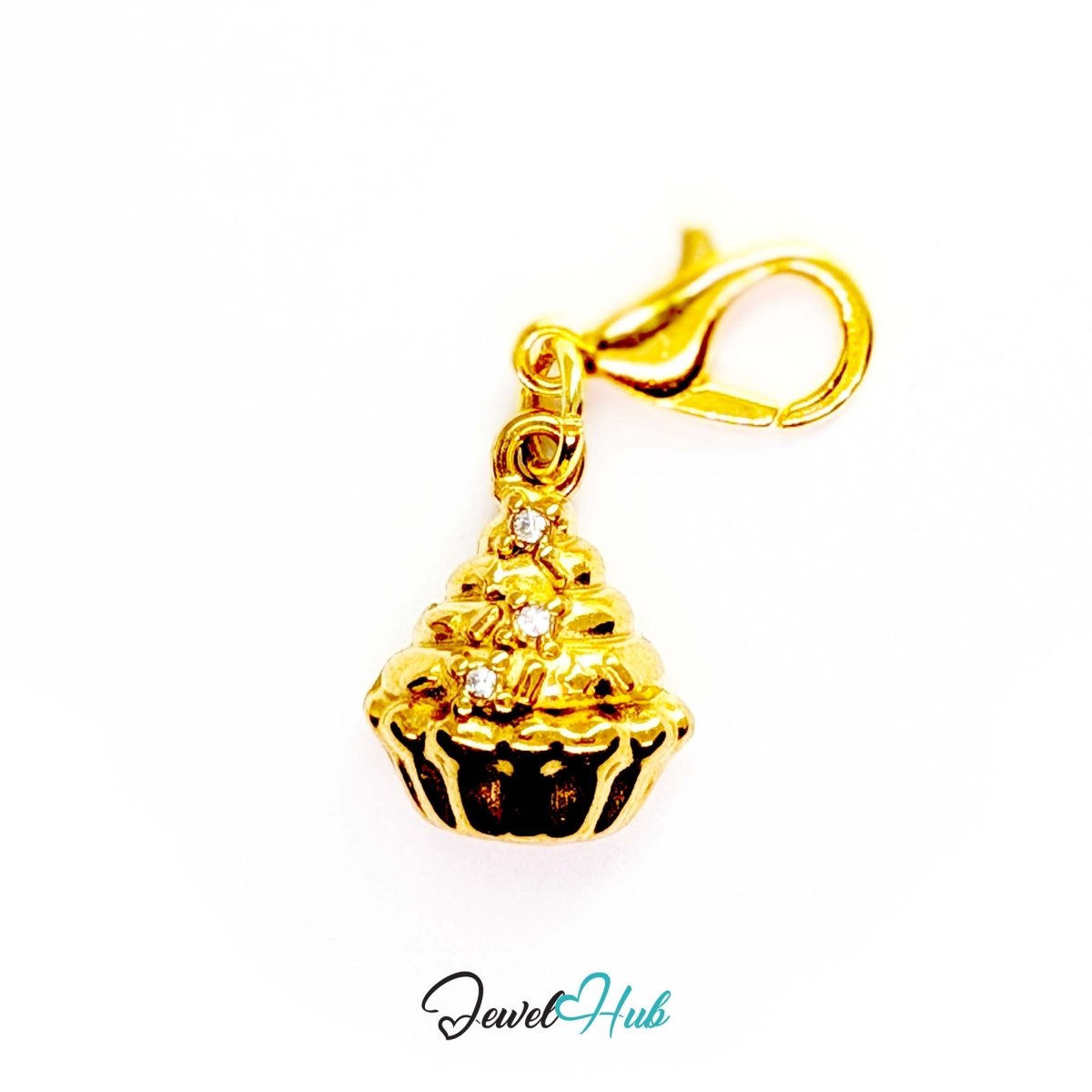 Cupcake charm in gold stainless steel with clear crystals - shown with the lobster clasp attached - JewelHub