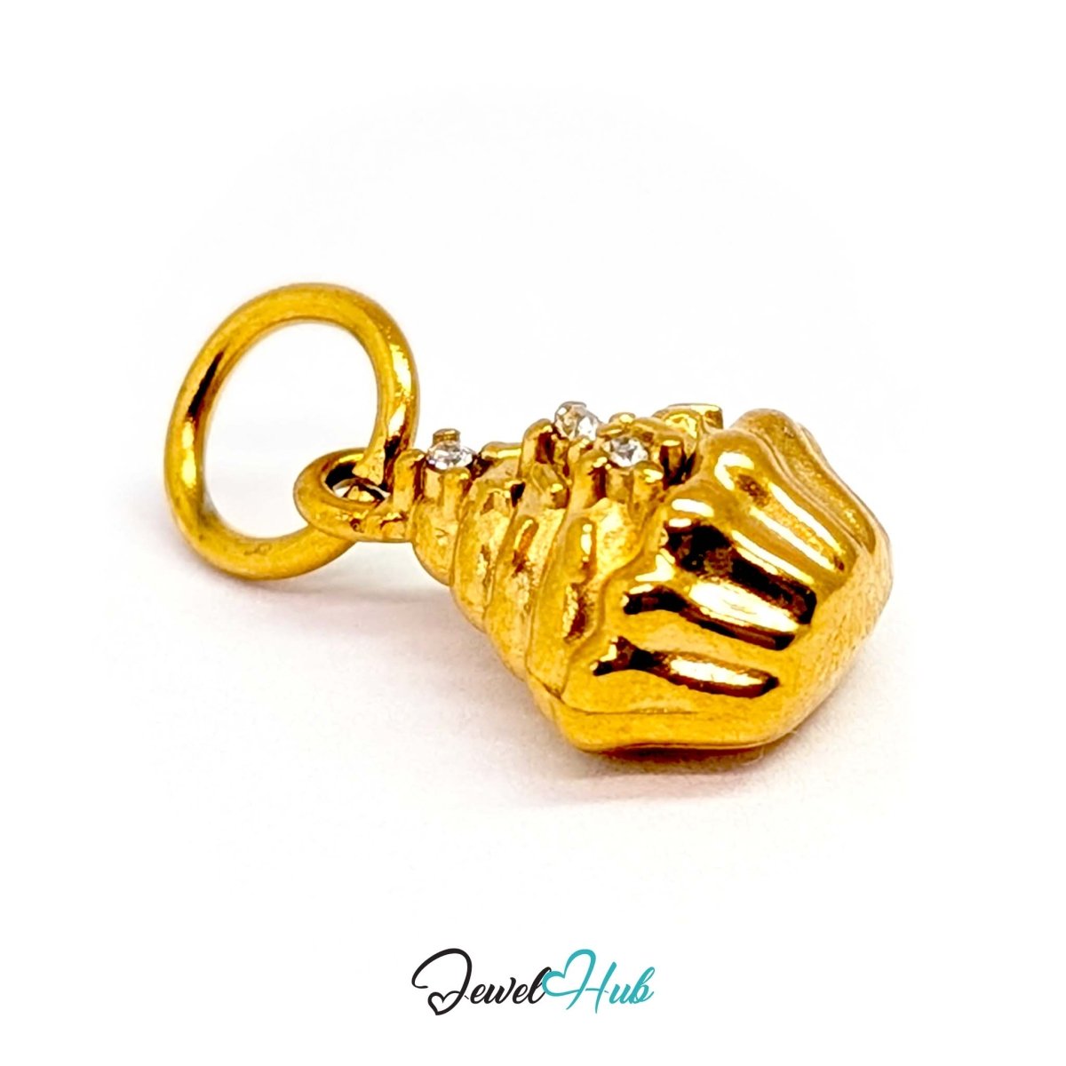 Cupcake charm in gold stainless steel with clear crystals - three-quarter view - JewelHub