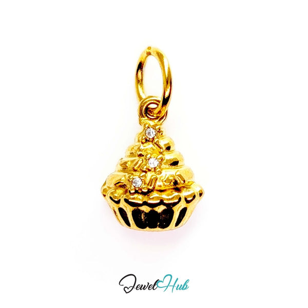 Cupcake charm in gold stainless steel with clear crystals - front view - JewelHub