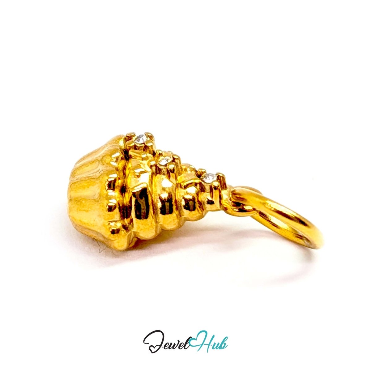Cupcake charm in gold stainless steel with clear crystals - angled view - JewelHub