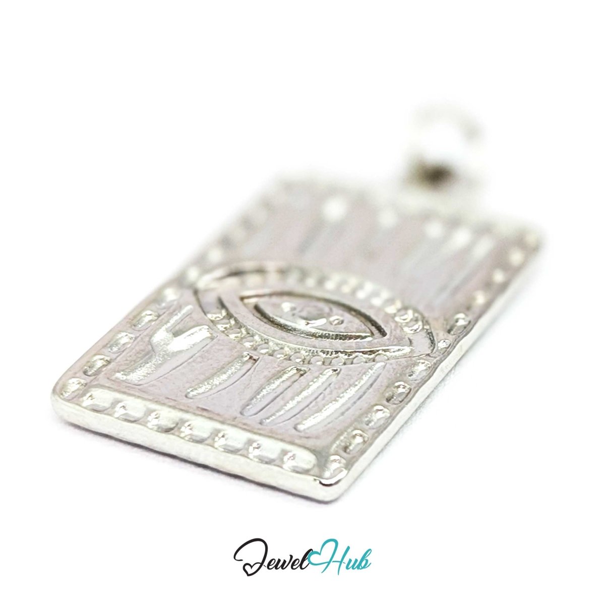 Evil Eye Plate charm, two-tone stainless steel - turned to the patterned silver reverse - JewelHub