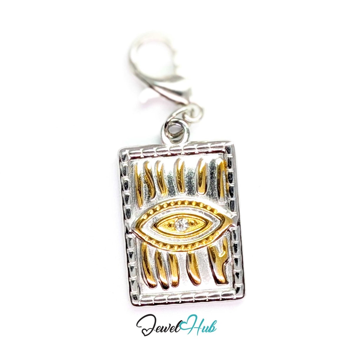 Evil Eye Plate charm, two-tone stainless steel, fitted with a lobster clasp to clip straight on - JewelHub