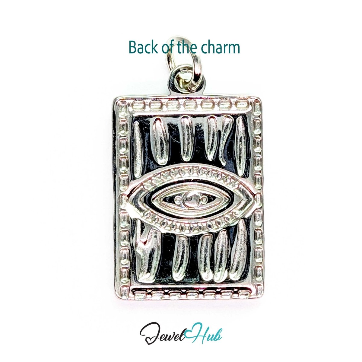 Back of the Evil Eye Plate charm, two-tone stainless steel - silver, the eye and rays showing through - JewelHub