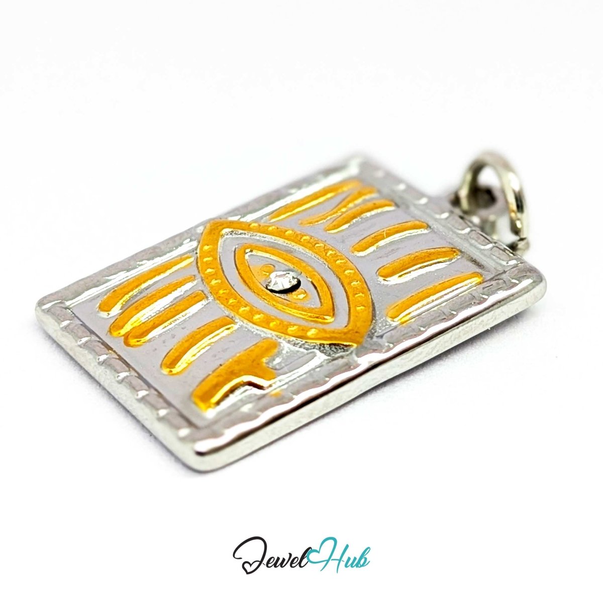 Evil Eye Plate charm tilted, two-tone stainless steel - the gold eye inside its beaded silver border - JewelHub