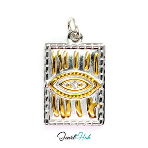 Evil Eye Plate charm, two-tone stainless steel - gold eye with radiating lashes and one crystal - JewelHub