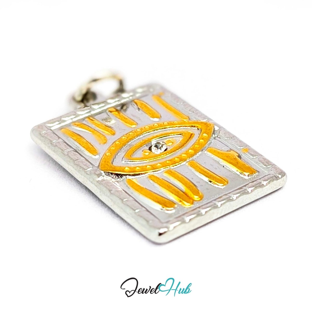 Evil Eye Plate charm at an angle, two-tone stainless steel - the gold eye inside its beaded silver border - JewelHub