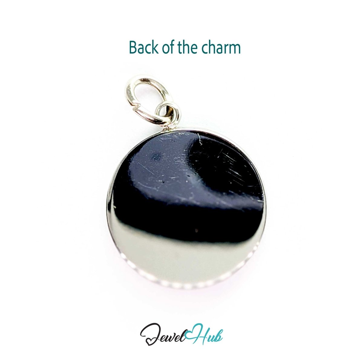 Back of the Evil Eye Round charm, two-tone stainless steel - plain mirror-polished silver - JewelHub