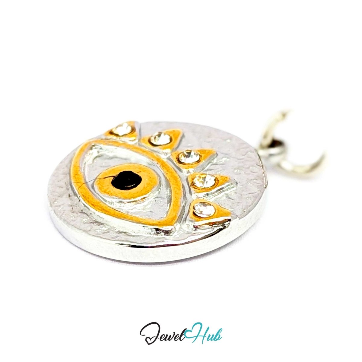 Evil Eye Round charm tilted, two-tone stainless steel - the black pupil and crystal lashes on hammered silver - JewelHub