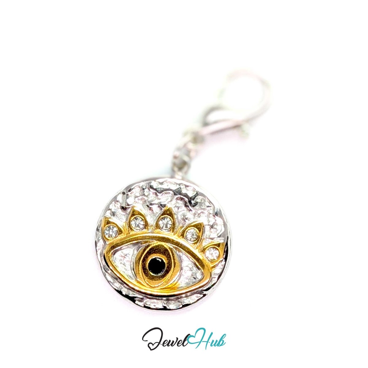 Evil Eye Round charm, two-tone stainless steel, fitted with a lobster clasp to clip straight on - JewelHub