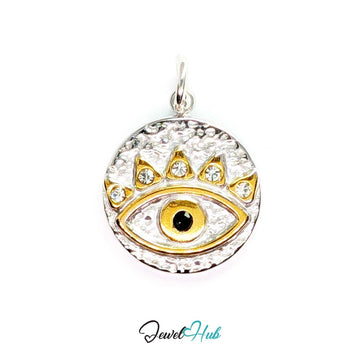 Evil Eye Round charm, two-tone stainless steel - gold eye with a black gem pupil and crystal lashes - JewelHub