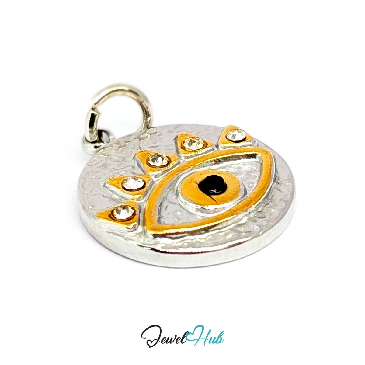 Evil Eye Round charm at an angle, two-tone stainless steel - the black pupil and crystal lashes on hammered silver - JewelHub