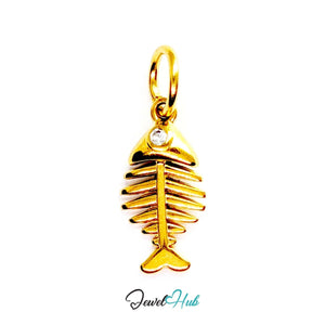 Fish bone charm in gold stainless steel with a crystal eye - front view - JewelHub