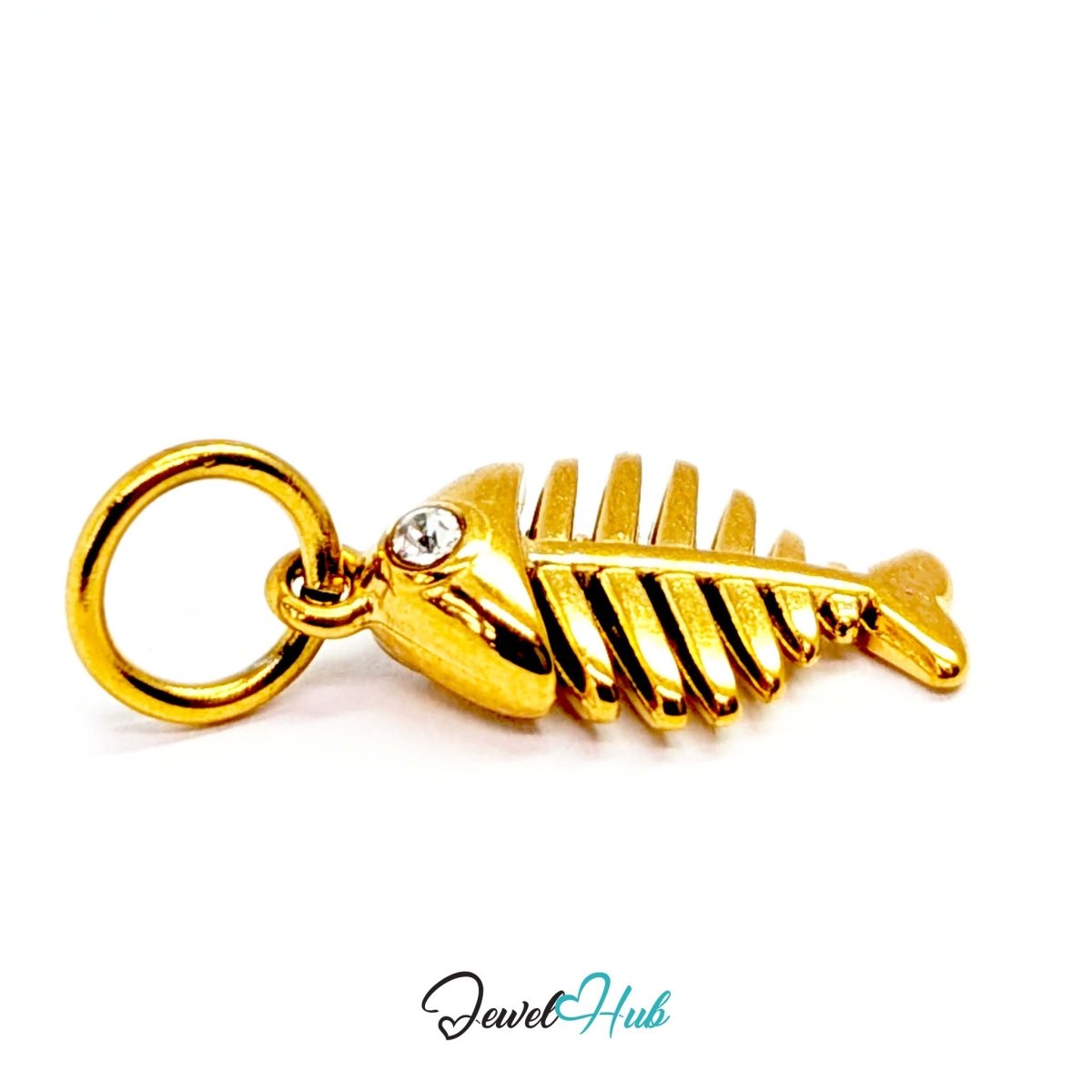 Fish bone charm in gold stainless steel with a crystal eye - three-quarter view - JewelHub