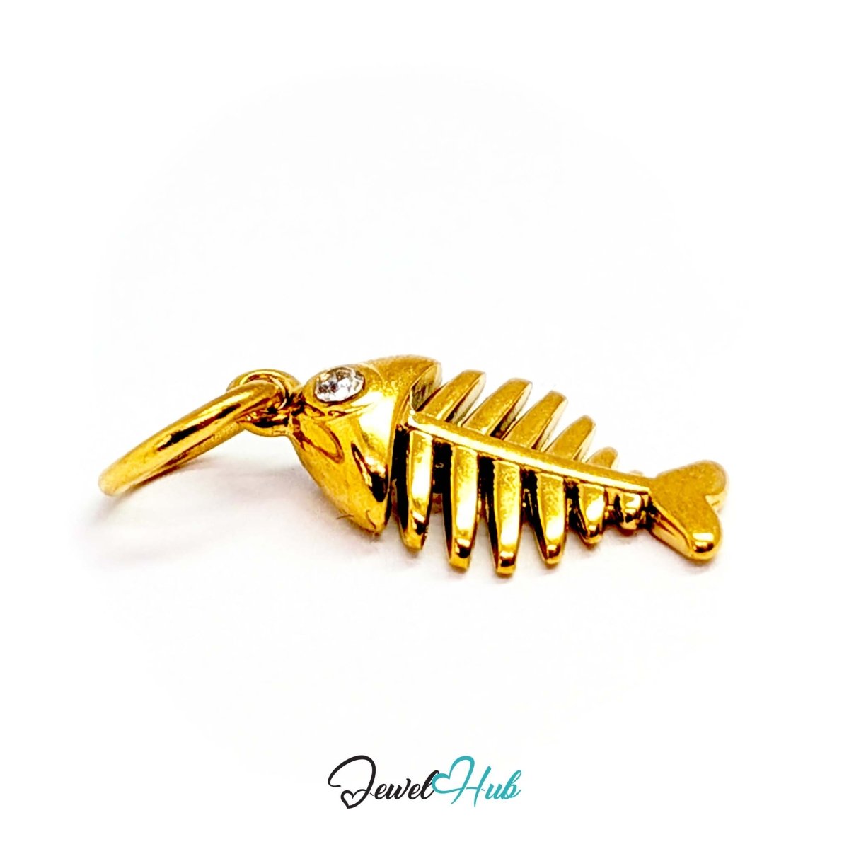 Fish bone charm in gold stainless steel with a crystal eye - turned to show depth - JewelHub