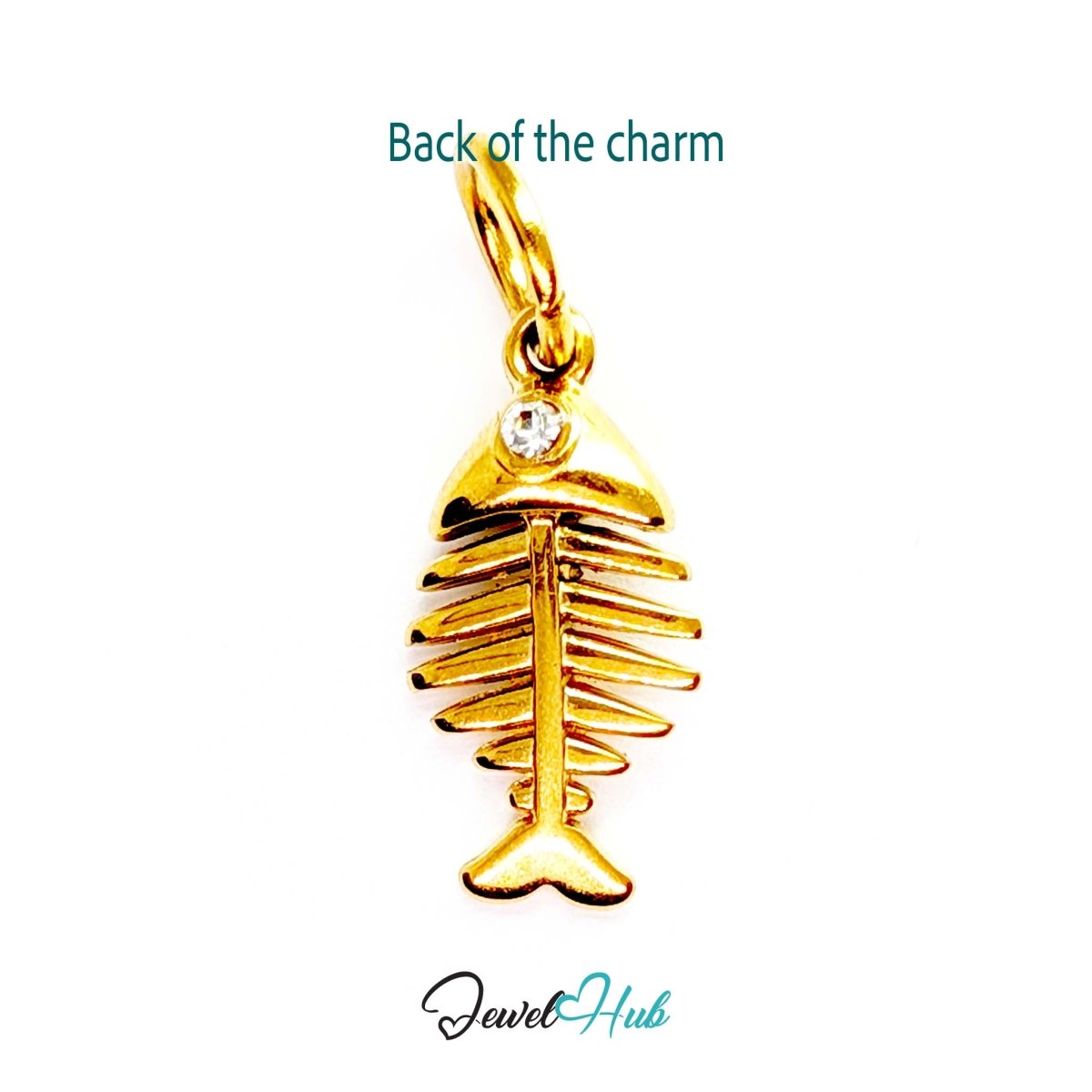 Fish bone charm in gold stainless steel with a crystal eye - reverse - JewelHub