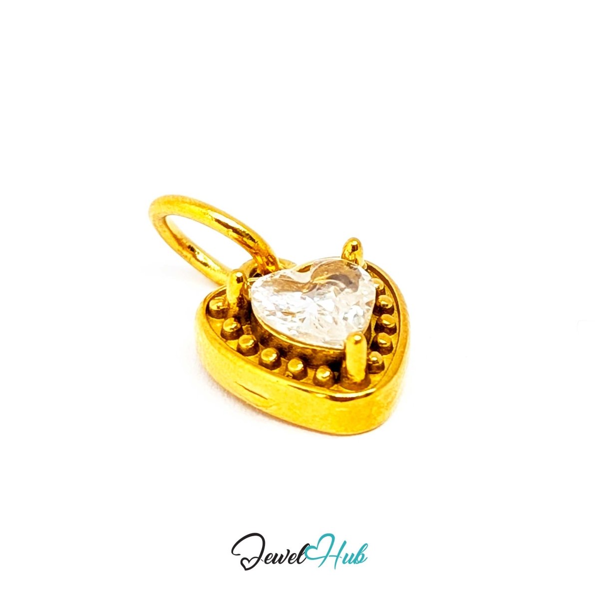 Gem Heart charm at an angle, gold stainless steel - the bezel depth and fire in the crystal - JewelHub