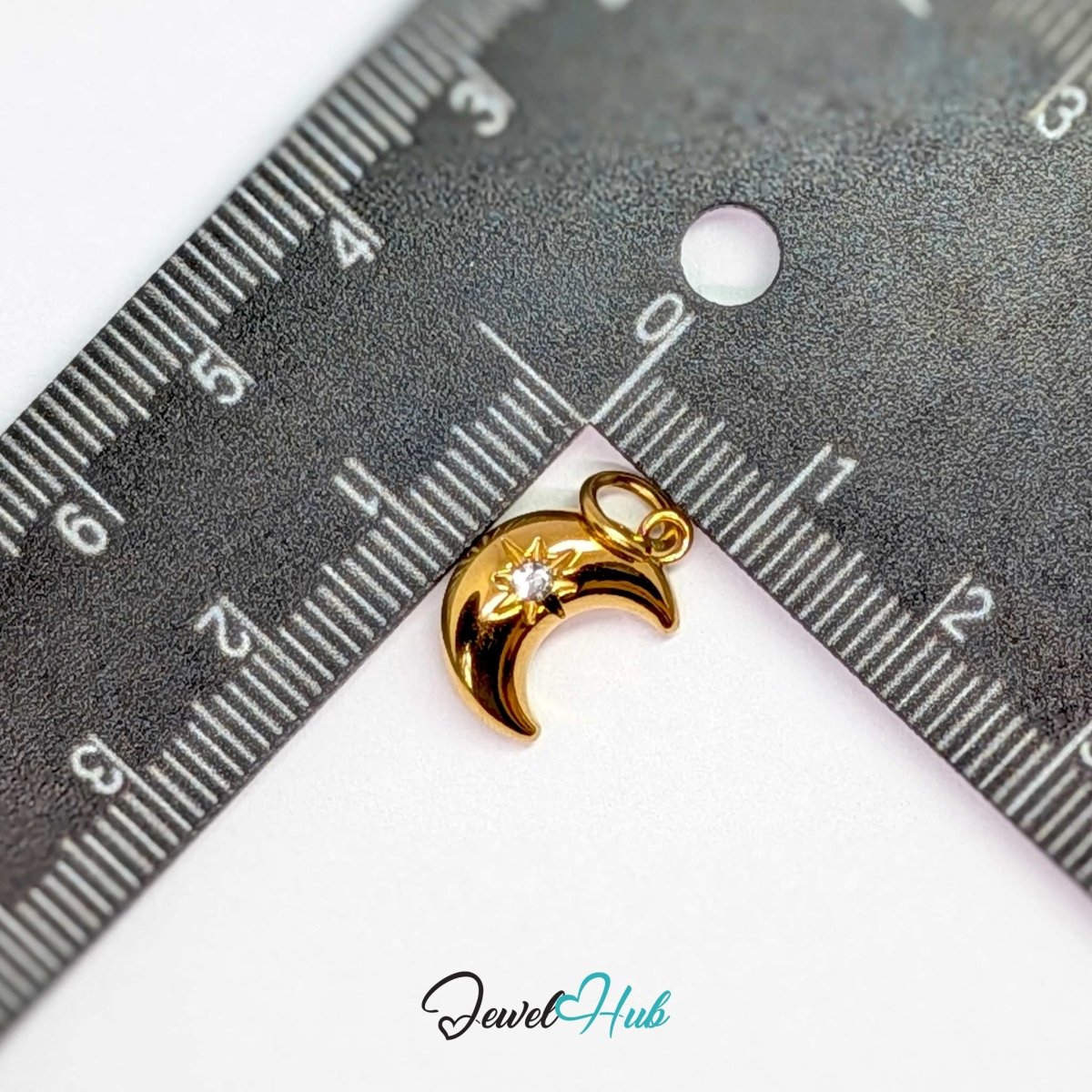 Crystal Gem Moon Charm - Gold Stainless Steel - 10.5x15.2mm