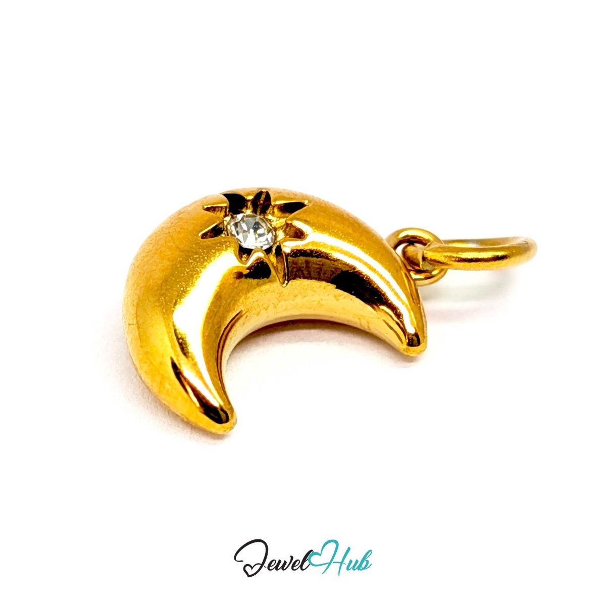 Crystal Gem Moon Charm - Gold Stainless Steel - 10.5x15.2mm