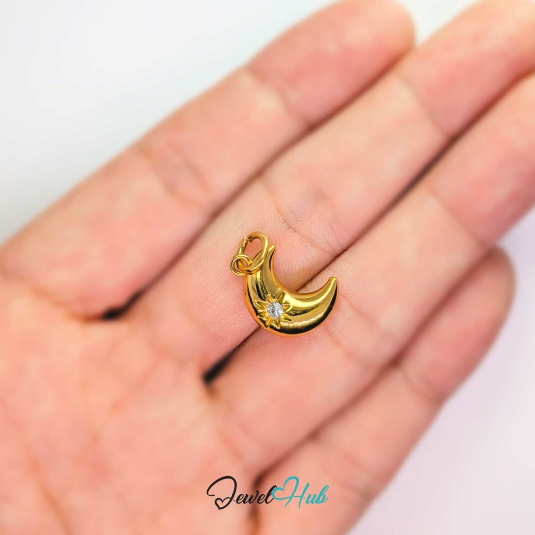 Crystal Gem Moon Charm - Gold Stainless Steel - 10.5x15.2mm