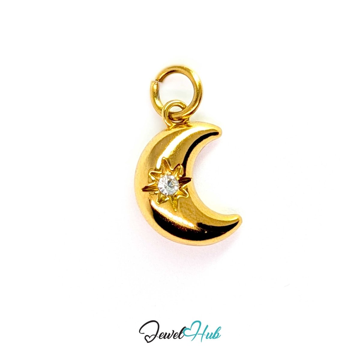 Crystal Gem Moon Charm - Gold Stainless Steel - 10.5x15.2mm