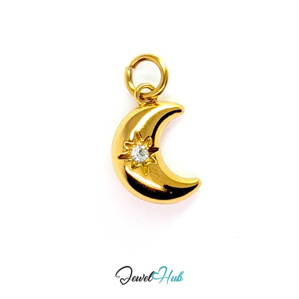 Crystal Gem Moon Charm - Gold Stainless Steel - 10.5x15.2mm