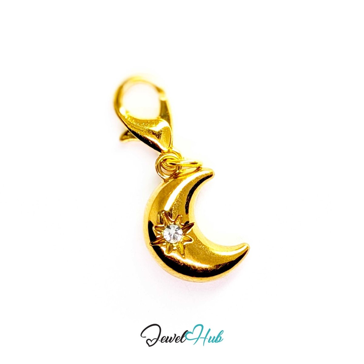 Crystal Gem Moon Charm - Gold Stainless Steel - 10.5x15.2mm