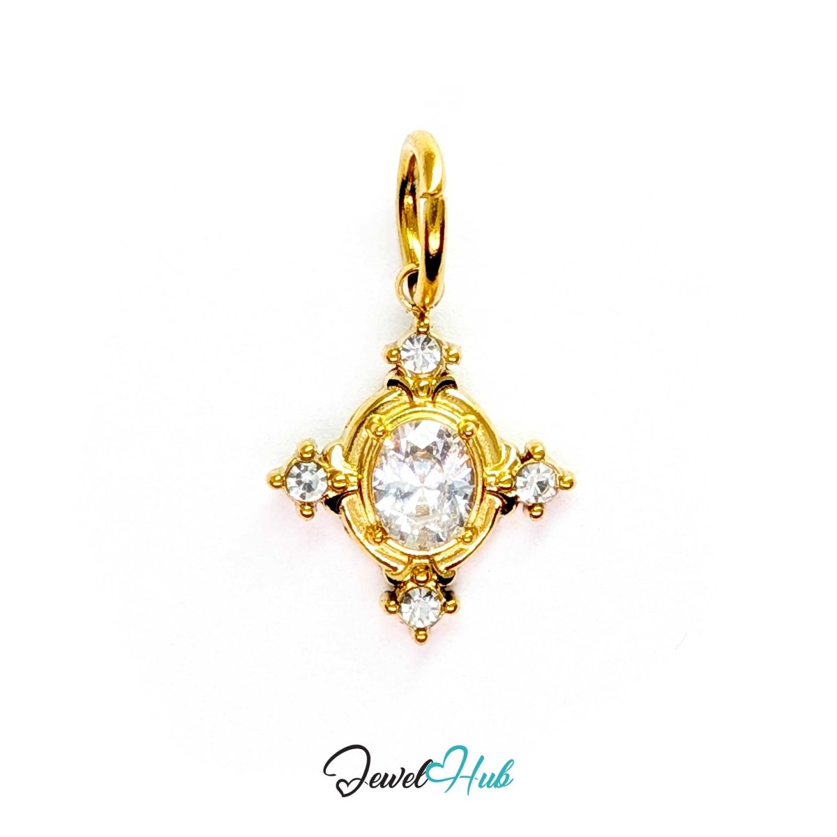 Gem Star charm, gold stainless steel - oval crystal centre, a crystal at each of four points - JewelHub
