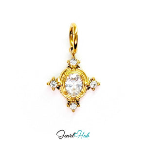 Gem Star charm, gold stainless steel - oval crystal centre, a crystal at each of four points - JewelHub