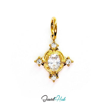 Gem Star charm, gold stainless steel - oval crystal centre, a crystal at each of four points - JewelHub