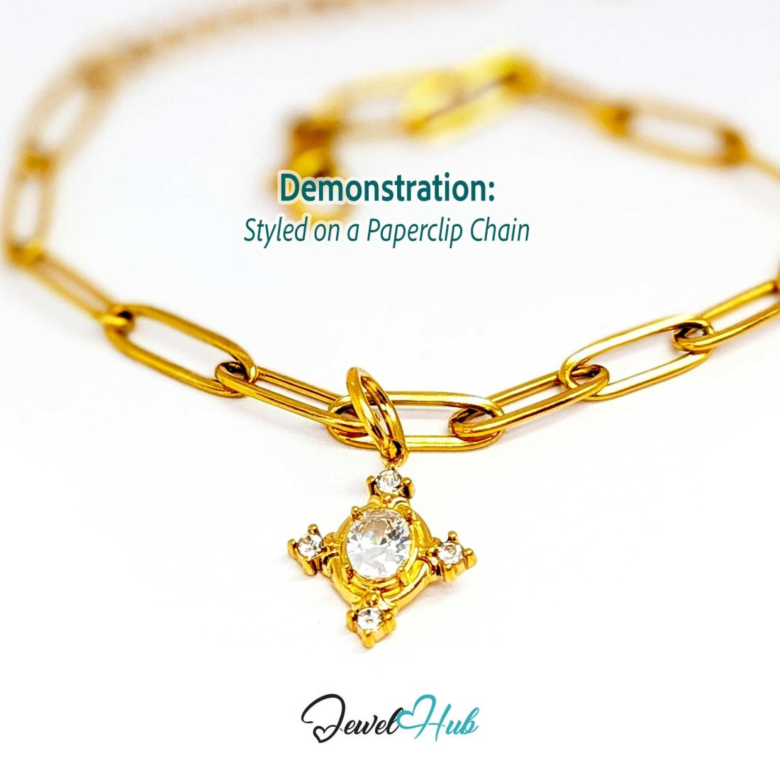 Gem Star charm, gold stainless steel, styled on a gold paperclip chain bracelet - JewelHub