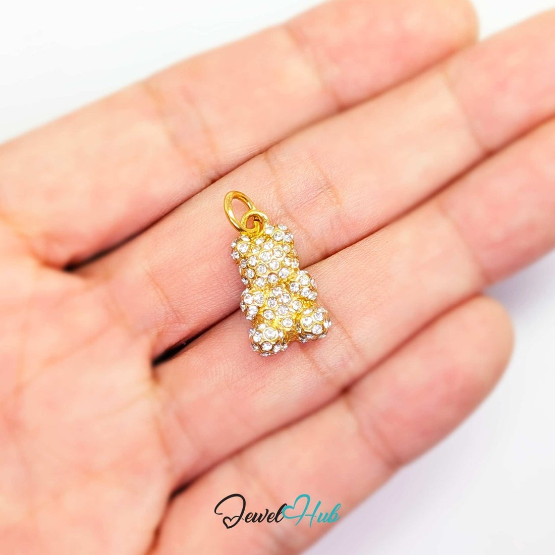 Crystal Gummy Bear charm in gold-tone stainless steel, pave-set with around 100 clear crystals - JewelHub