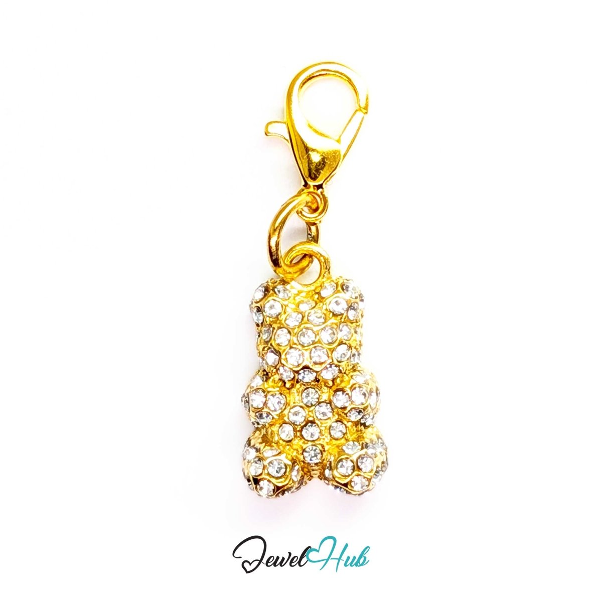 Gold Crystal Gummy Bear charm fitted with a lobster clasp, ready to clip onto a bracelet, bag or keyring - JewelHub