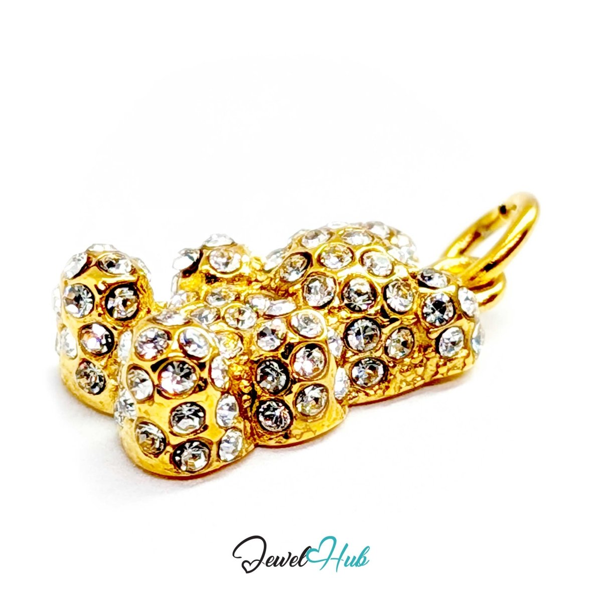 Angled view of the gold Crystal Gummy Bear charm and its 4mm jump ring - JewelHub
