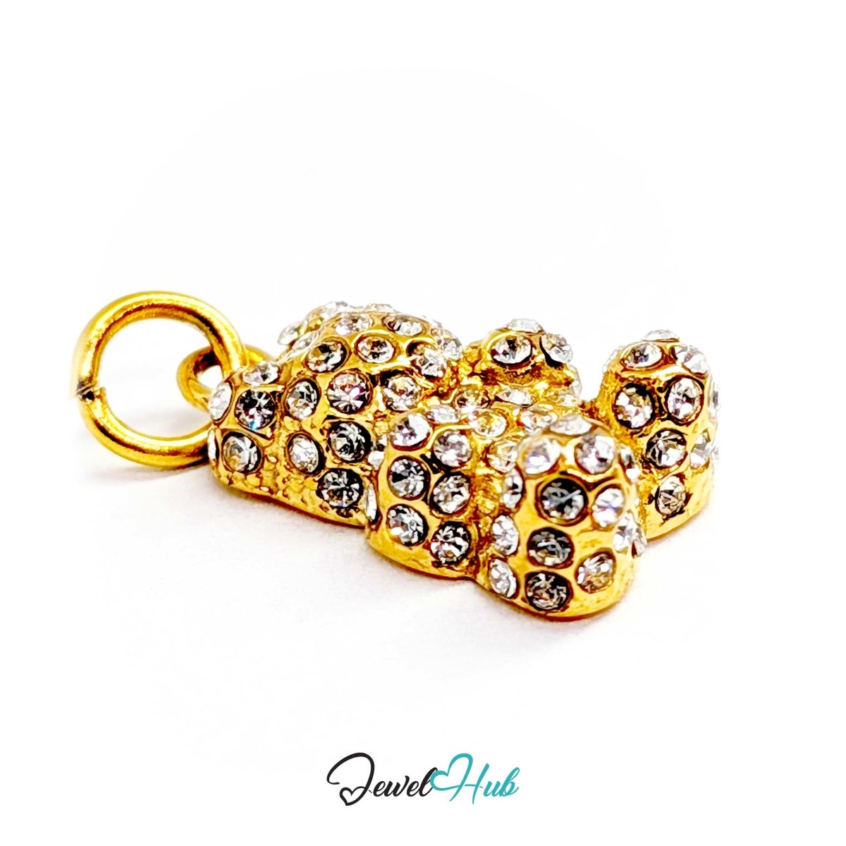Gold Crystal Gummy Bear charm from the side, showing the depth of the pave-set body - JewelHub