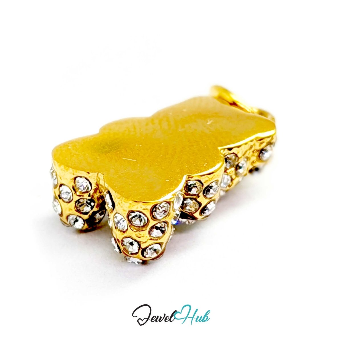 Gold Crystal Gummy Bear charm, three-quarter view of the crystal-set front - JewelHub