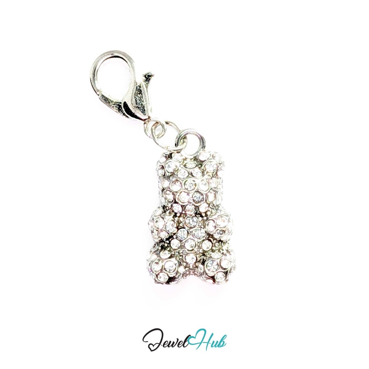 Silver Crystal Gummy Bear charm fitted with a lobster clasp, ready to clip onto a bracelet, bag or keyring - JewelHub