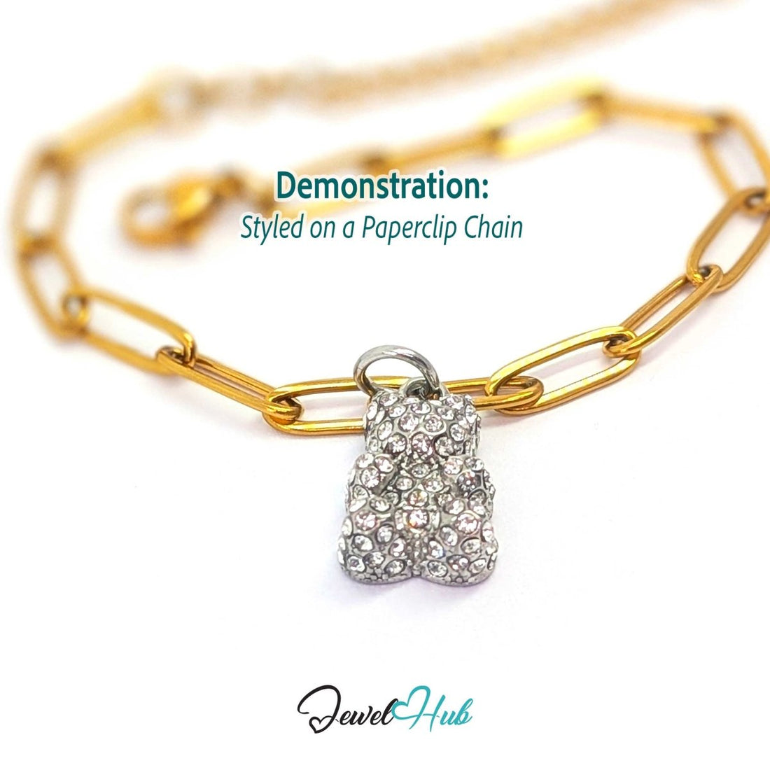 Silver crystal Gummy Bear charm styled on a gold paperclip chain bracelet for a two-tone look - JewelHub