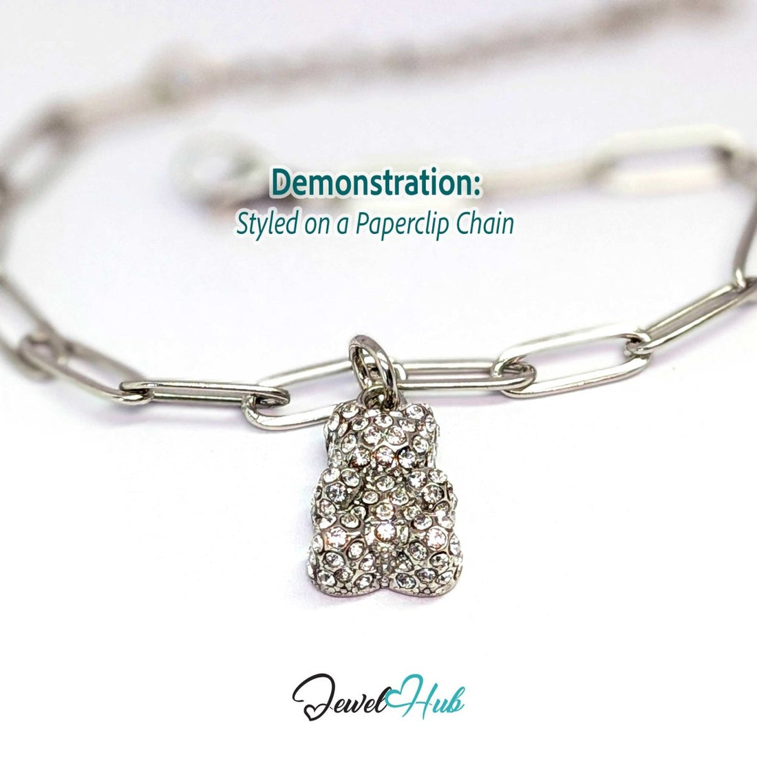 Silver crystal Gummy Bear charm styled on a silver paperclip chain bracelet - JewelHub