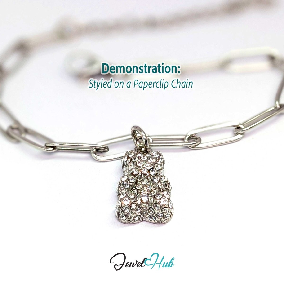 Silver crystal Gummy Bear charm styled on a silver paperclip chain bracelet - JewelHub