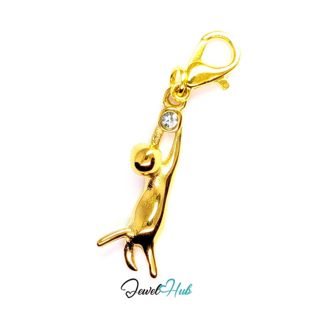 Gold Crystal Hanging Cat charm fitted with a lobster clasp, ready to clip onto a bracelet, bag or keyring - JewelHub