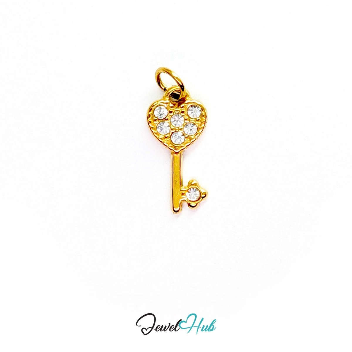 Mini heart key charm in gold stainless steel set with crystals - front view - JewelHub
