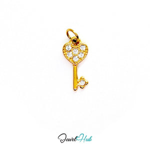 Mini heart key charm in gold stainless steel set with crystals - front view - JewelHub